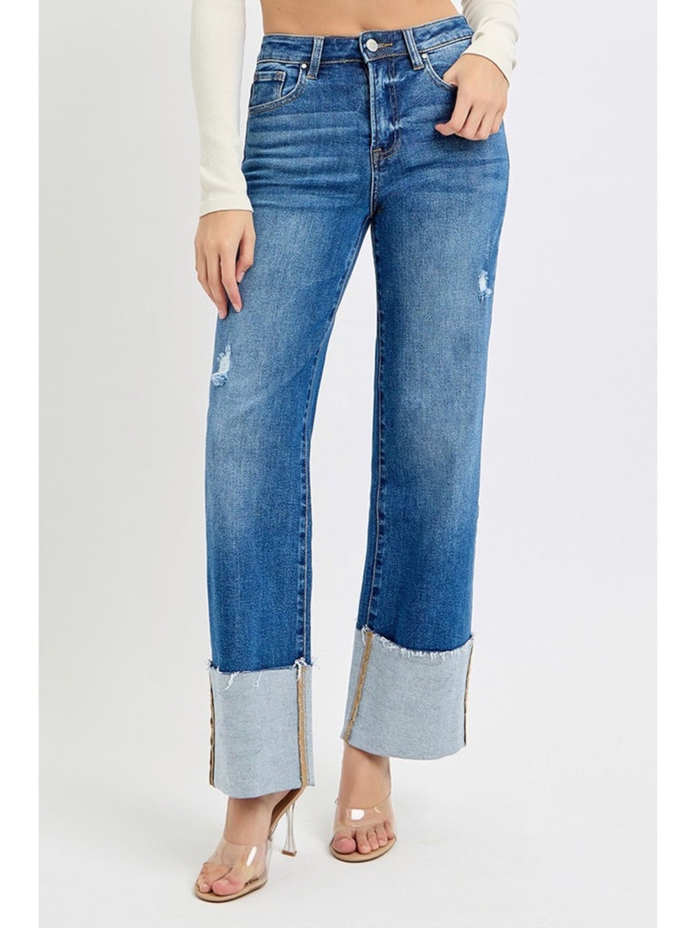Risen Jeans Straight-Leg Cuffed Mid-Blue Women's Jeans